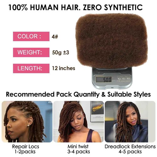 Afro Kinkys Bulk Human Hair for Dreadlocks Extensions and Locs Repair 1 Pack 50 Gram Afro Kinky Curly Human Hair Bulk for Twist (4#, 14 Inch)