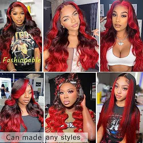 YMS Ombre Red HD Lace Front Wigs Human Hair Pre Plucked 180% Density Black and Red Human Hair Wigs for Women Body Wave Colored Skunk Stripe Glueless Wig Real Hair 20 Inch Transparent Lace Frontal Wig