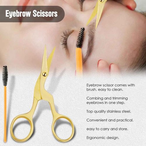 FAMCO Eyebrow Scissors with Comb, Professional Eyebrow kit for Women Grooming, eye brow kit for Beauty scissors with Curved and Rounded Safety Tip, Gold tijeras para cejas with Spoolie Brush