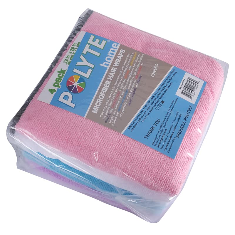 POLYTE Microfiber Hair Turban Wrap Drying Towel, 12 x 28 in, 4 Pack (Blue,Pink,Purple,White)