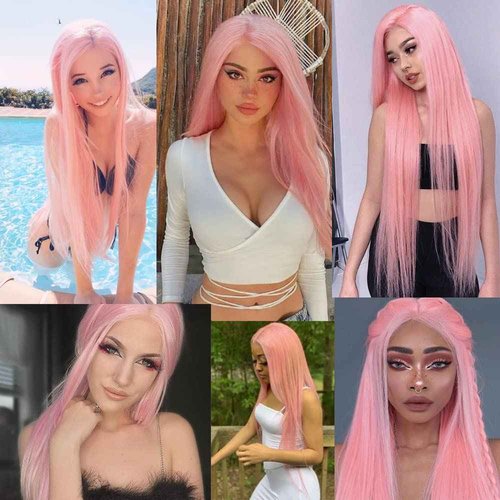 Oxeely Light Pink Synthetic Lace Front Wigs Long Straight Hair Pink Lace Wigs Natural Hairline Pre Plucked Glueless Synthetic Lace Wigs Heat Resistant Fiber Hair Light Pink Wigs for Women Daily Wear