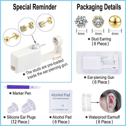 VitaCool Ear Piercing Kit Disposable Ear Cartilage Piercing Gun Kit with Sterile CZ Studs Easy and Safe Earring Self for Yourself Use at Home - Style C
