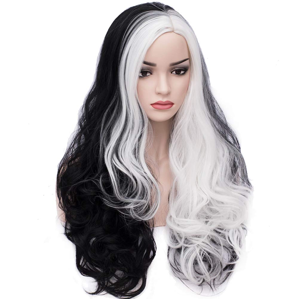 BERON 27 Inches Black White Wig Two Tone Wig Long Curly Wig Women Girls Charming Full Wig Long Wavy Wig Black White Split Wig for Cosplay Party Wig Cap Included