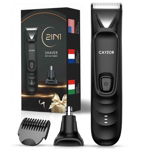 Cayzor 2-in-1 Body and Nose Hair Trimmer for Men - Safe Portable Electric Razor for Ball Groin with LED Light, IPX7 Professional Electric Shavers for Men Pubic, Underarm, Nose, Ear, Beard, Head