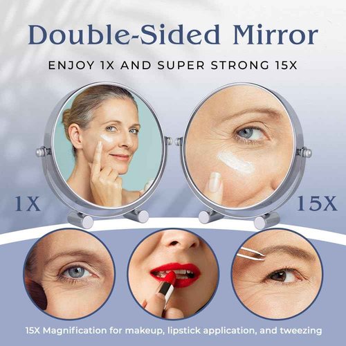 Small 15X Magnifying Tabletop Mirror for Makeup - Double Sided 15x and 1x Portable Make Up Mirror for Desk, Dressing Table and Retail Store - 6" Wide & 6.7" Tall (Chrome)