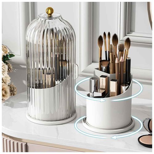 Makeup Brush Holder with Lid 360° Rotating, Clear Dustproof & Waterproof Make Up Brush Holder Organizer, Transparent Makeup Brush Organize