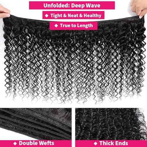 Human Hair Bundles Deep Wave 4 Bundles (16 18 20 22 inches) 12A Grade Brazilian Virgin 100% Unprocessed Human Hair Deep Wavy Bundles Natural Black Wet Hair Extensions