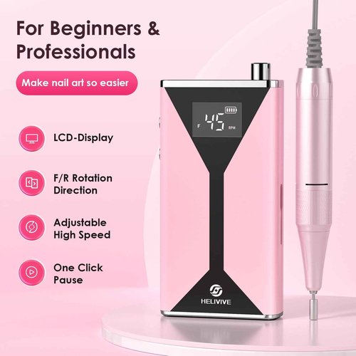 HELIVIVE Professional Electric Nail Drill 45000RPM (Portable & Rechargeable) (with 11 Drill Bits ) Cordless Nail File Machine for Shaping, Polishing & Removing Gel Nails for Salon Home (Pink)