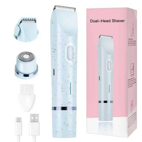 Women's Bikini Trimmer, 2-in-1 Electric Shaver for Bikini Line, Legs, Underarms, Face - Waterproof Women's Electric Shaver for Sensitive Skin, USB Rechargeable (Blue)