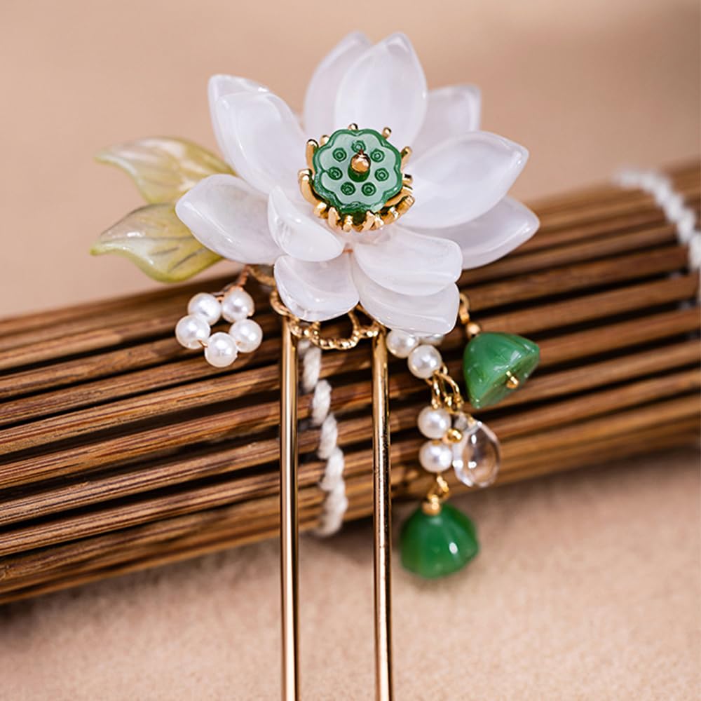 Rabithenn White Lotus Flower Pearl Tassels Chinese Hanfu and Hair Clip Hair Accessories for Women Girls Long Hair (White Jade Lotus)