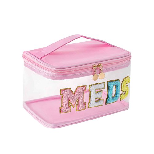 Chenille Letter Clear Medicine Makeup Bag, Large Size Waterproof Nylon Cosmetic Toiletry Storage bag with Top Handle, Transparent Meds First Aid Travel Organizer Cosmetic Bag(02Light Pink)