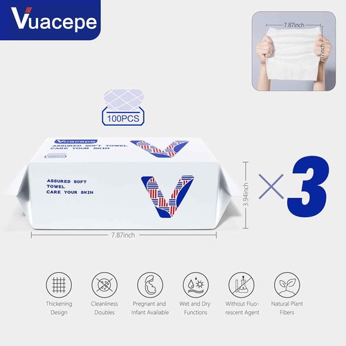 vuacepe Face Towels Disposable Cotton Facial Towels, 300 Count Biodegradable Soft Dry Facial Tissue, Drying Tissue for Skin Care, Makeup Remover, Disposable Face Cloths for Washing