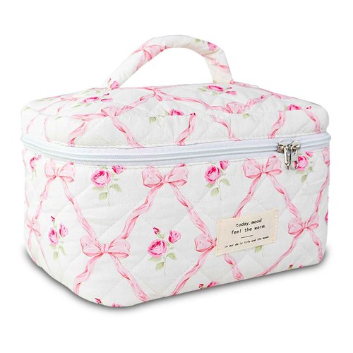 AMZMA Bow Makeup Bag Organizer, Travel Makeup Bags for Women, Quilted Cosmetic Bag for Women, Large Travel Toiletry Bag, Cute Makeup Bags for Teen Girls, Cute Toiletry Bag Organizer