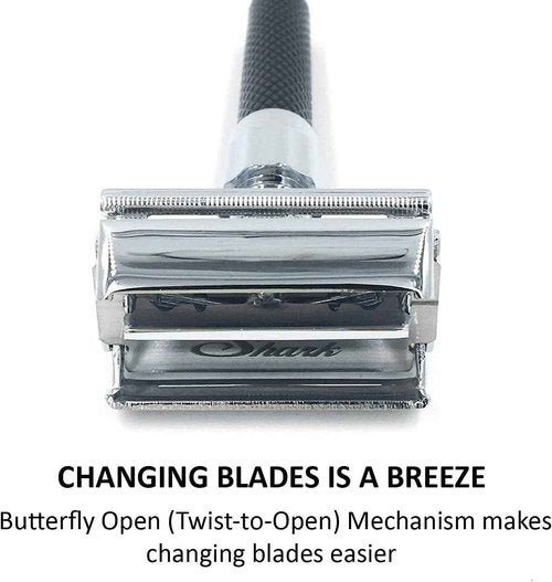 Parker 92R Graphite Gray, Long Handle Heavyweight Butterfly Open Double Edge Safety Razor for Men, 5 Parker Premium Platinum Double Edge Razor Blades Included