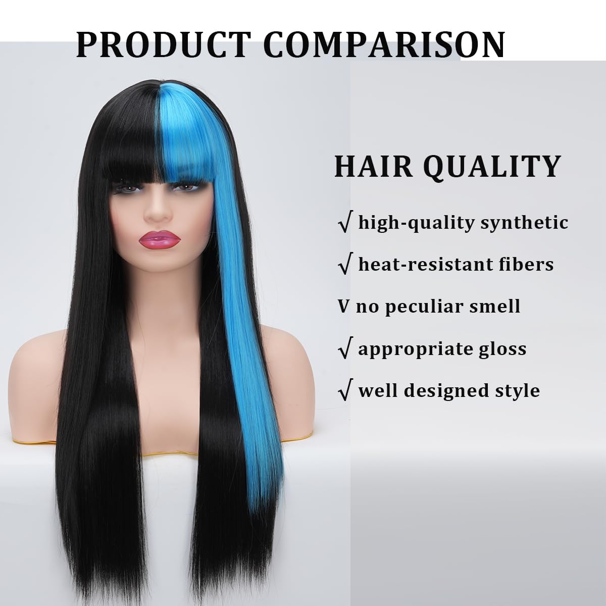 Sabosi Long Blue Black Hair Synthetic Wigs with Bangs Long Straight Hair Wig Cosplay Wig Split Color Synthetic Wigs Heat Resistant Fiber Costume Halloween Party Wigs for Women