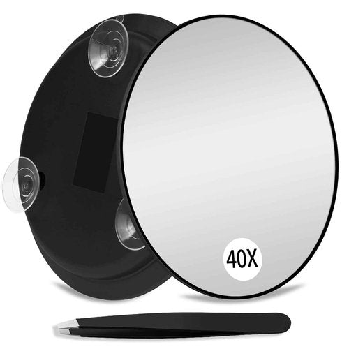 Suupvaor Magnifying Mirror 40X with Suction Cups, Large 6inch Travel 40X Magnified Round Makeup Mirror with High Magnification, Make up Mirror with Tweezers Sets