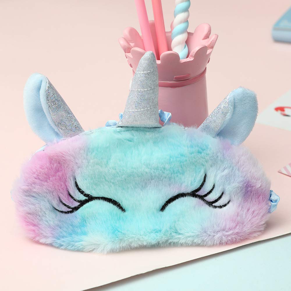 Fxaelian Cute Novelty Animal Unicorn Sleep Mask Eye Mask for Sleeping Plush Sleping Mask Unicorn Gift Blindfold Eye Cover for Women Kids Adult Girls Boys Unicorn Light Blue