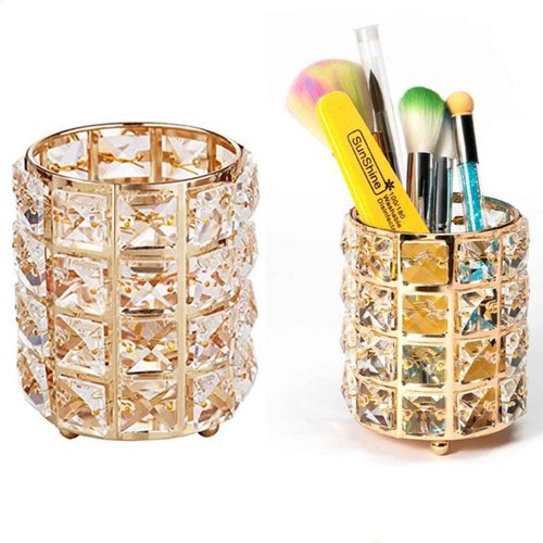 AISIBO Crystal Beads Makeup Brush Holder, Makeup Brush Organizer Vanity Decor, Handcrafted Cosmetics Brushes Cup, Crystal Cup for Makeup Brushes(Gold)