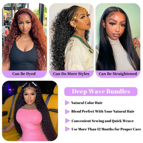 Deep Wave Human Hair Bundles 24 Inch Deep Wave Bundles 100% Unprocessed Brazilian Virgin Hair 1 Bundle Curly Bundles Hair Extensions Real Human Hair Wavy Quick Weave Bundle Natural Black