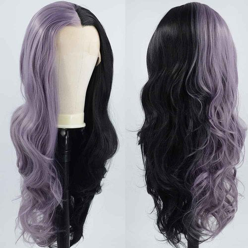 ZHYWIGS Synthetic Lace Front Wigs Long Highlight Purple Black Split Hair Heat Resistant Half Black Purple Side Part 24Inch Long Party Wigs