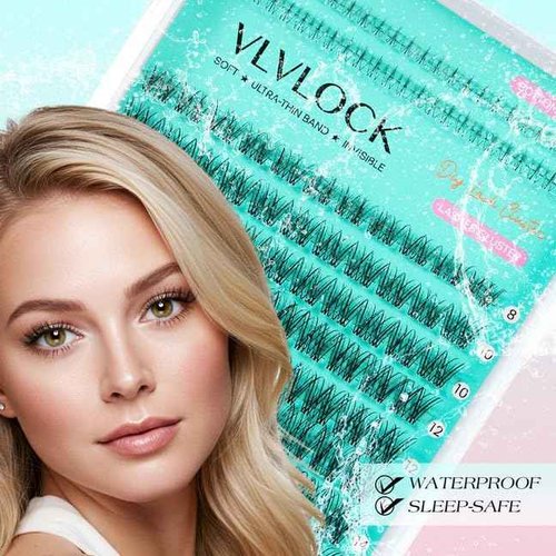 VLVLOCK Lash Clusters Kit Clear Band Natural Cluster Lashes with Bottom Lash Clusters 5-16MM Individual Lashes Wispy False Lashes with Lash Bond and Seal,Lash Tweezer DIY at Home(Ivy Kit)
