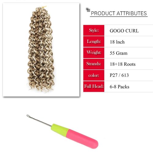 YXCHERISHAIR GoGo Curl Crochet hair Water Wave Crochet hair blonde Synthetic Bohemian Crochet Braid Deep Wave Braiding hair Extensions (18inch,7Packs,P27/613)