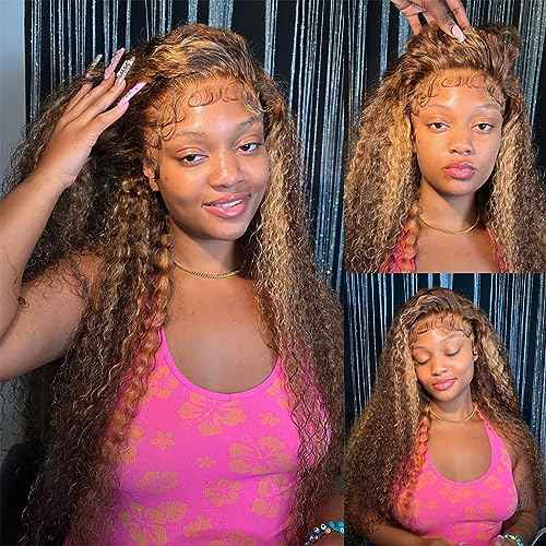 28 Inch Ombre Highlight Lace Front Wigs Human Hair Deep Wave 13x6 Transparent Lace Front Wigs 4/27 Ombre Human Hair Wet and Wavy Curly Glueless Wig Pre Plucked with Baby Hair 180% Density