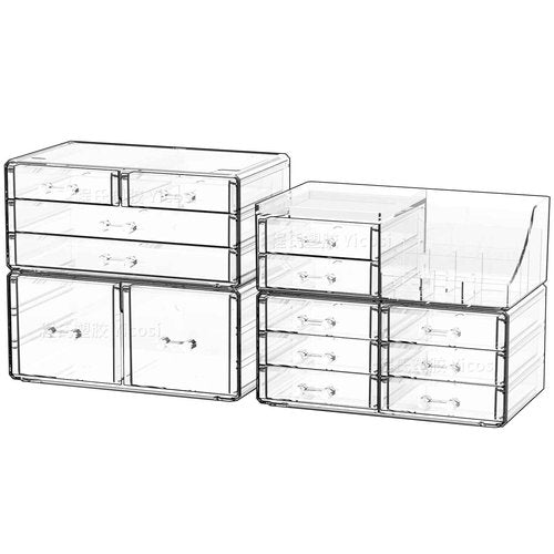 Cq acrylic Make Up Organizers for Vanity With 14 Drawers, 4 Pack Clear Drawer Organizers,Plastic Cute Desk Accessories Organization and Bathroom Organizers Storage Case Box Cube for Beauty,Skin Care