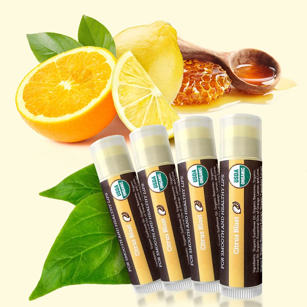 USDA Organic Lip Balm 4-Pack by Earth's Daughter - Citrus Flavor, Beeswax, Coconut Oil, Vitamin E - Best Lip Repair Chapstick for Dry Cracked Lips.