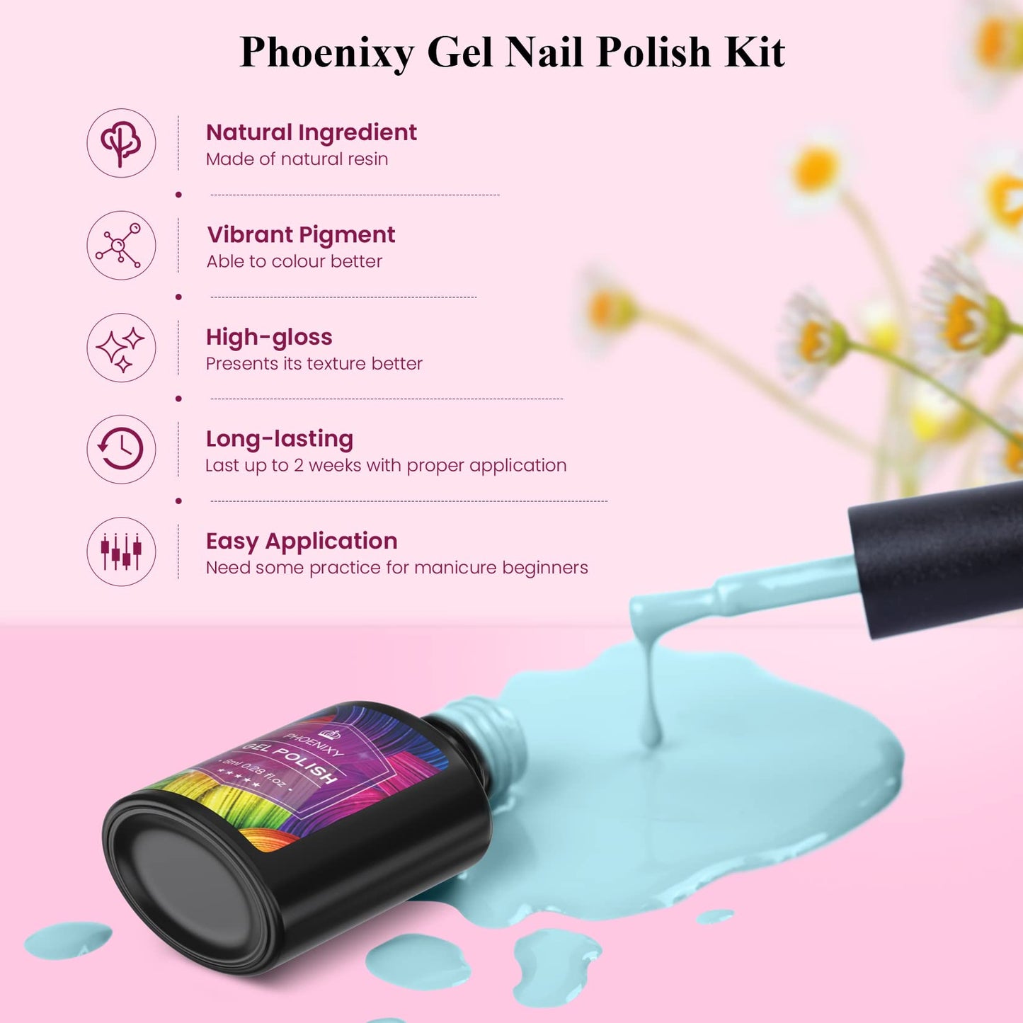 Phoenixy Gel Nail Polish Kit with U V Light, 18 Colors Soak Off Gel Nail Kit with 36W U V LED Nail Lamp Pink Red Brown Blue Green Glitter Nail Polish Set Manicure Starter Kit Gifts for Women