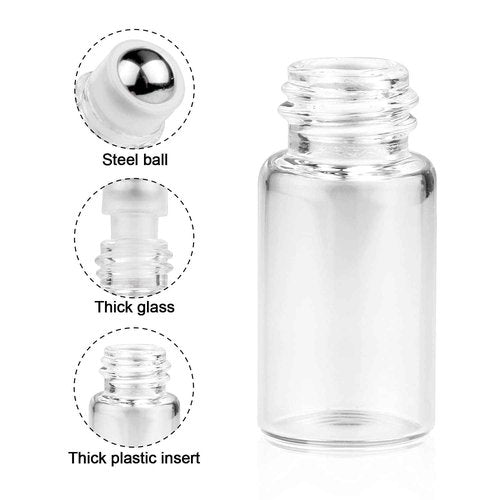 Wresty 25 Pcs Clear Glass Mini Roll On Bottles Empty Essential Oil Roller Ball Bottles Perfume Lip Blam Cosmetic Sample Vials Roller Glass Bottle Container With Black Cap (5ml)