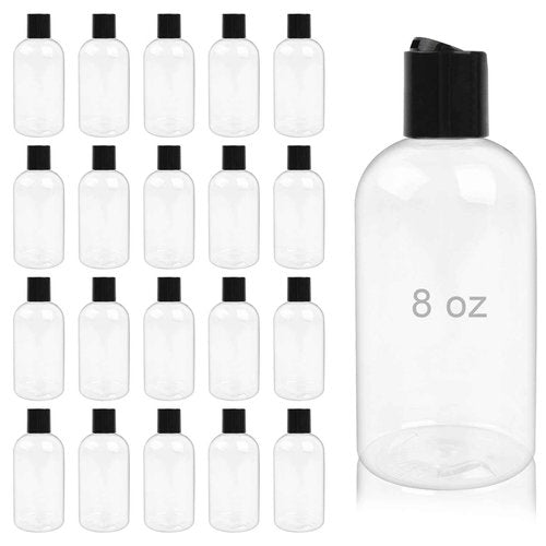 Neendohome 20 Pack 8 oz Empty Plastic Bottles with Black Disc Caps Reusable Clear Leak-Proof Travel Squeeze Containers for Shampoo Conditioner Toiletries Liquid Soap