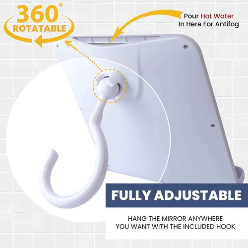 MIRRORVANA Dual Anti Fog Shower Mirror for Shaving, Shatterproof Fogless Design with Hook for Hanging - Fill Back Chamber/Reservoir with Hot Water for Fog-Free Shave - 8" x 7" (White)