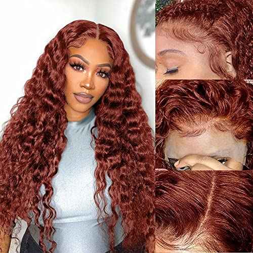 Siyun Show 13x4 Reddish Brown Deep Wave Lace Front Wigs Human Hair Wigs for Black Women 30 Inch Auburn Deep Curly Lace Front Wig