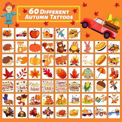 240 Pcs Autumn Temporary Tattoos for Kids, Thanksgiving Bulk Waterproof Safety Tattoos Stickers, Best Choice for Fall Goody Bag Stuffers, 60 Different Designs maple leaves pumpkins scarecrows turkeys