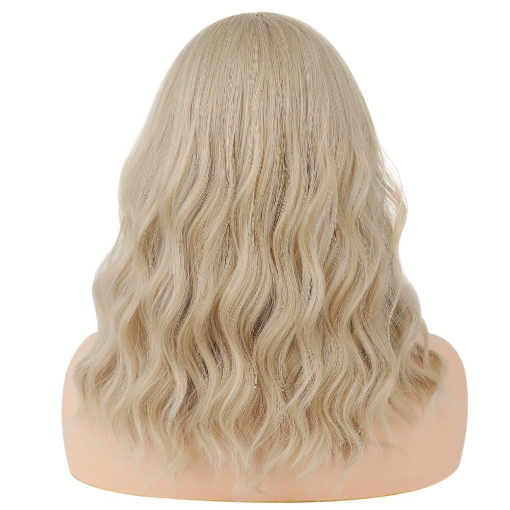 HUAISU Short Curly Hair Wig with Bangs Synthetic High Density Shoulder Length Bob Wavy Wig for Women One Piece Heat Resistant Fluffy Cosplay Wig(Blonde, 14inch)