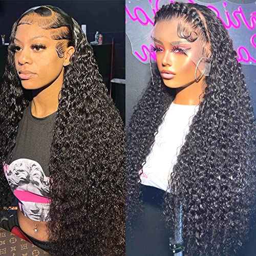 26 Inch Deep Wave Lace Front Wigs 13x6 HD Transparent Human Hair Lace Front for Women 180% Density Deep Curly Human Hair Wigs Pre Plcked Deep Wave Frontal Wigs with Baby Hair