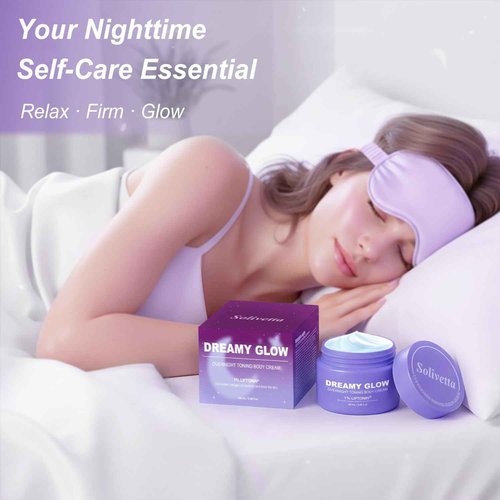 Solivetta Dreamy Glow Overnight Toning Whip Cream – Anti Cellulite & Tightening Loose Skin for Body – LIFTONIN® Get Firming Cream with Satin Eye Mask 3.38 fl oz