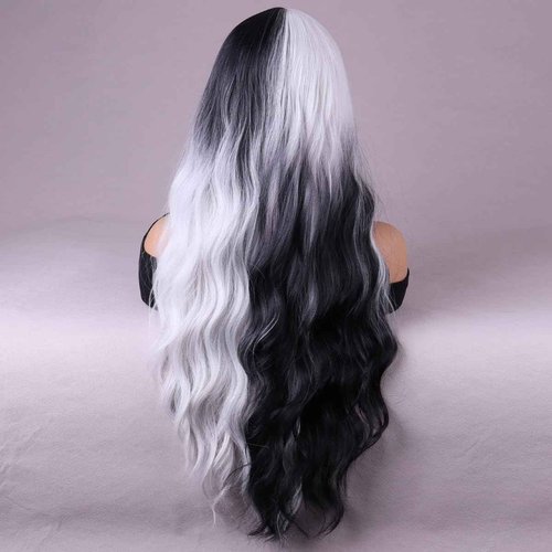 MAGQOO Black White Wig for Women Long Curly Wavy Black White Wig Middle Part Synthetic Heat Resistant Halloween Cosplay Costume Party Wig