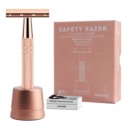 Double Edge Safety Razor with Stand, Reusable Metal Single Blade Razors for Men and Women, with 10 Platinum Coated Double Edge Safety Razor Blades, Women's Safety Shaving Razors, Rose Gold