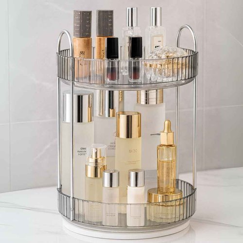 Satpurush 360° Rotating Makeup Organizer – 2-Tier Spinning Cosmetic Holder for Vanity, Countertop, Bathroom & Dresser – Perfume, Skincare & Cosmetic Care Organizer (Clear Grey, 2 Tier)
