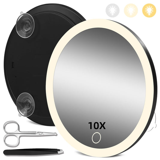 10X Magnifying Mirror with Light, 10x Magnifying Mirror with 3 Suction Cups, 3 Color Dimmable Lighted Makeup Magnifying Mirror, 6'' Travel Magnifying Mirror, 10x Magnification with Tweezers & Scissors