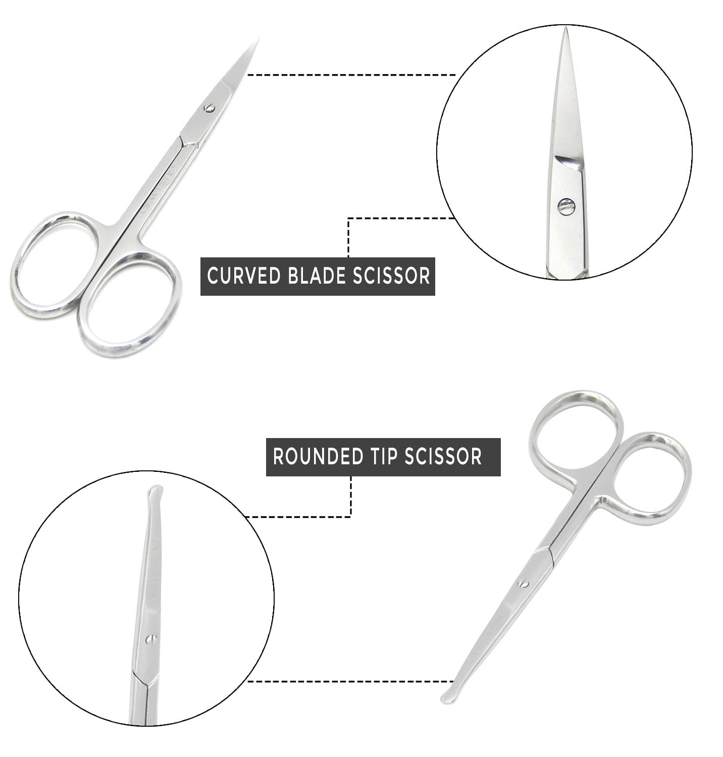 Melwey Pack of 2 Curved & Rounded Blunt Tip TSA Stainless Steel Small Scissors for Eyebrows & Eyelashes, Scissors for Beard Trimming & Moustache, Baby Scissors for Nails, Nose & Facial Hair Scissors.