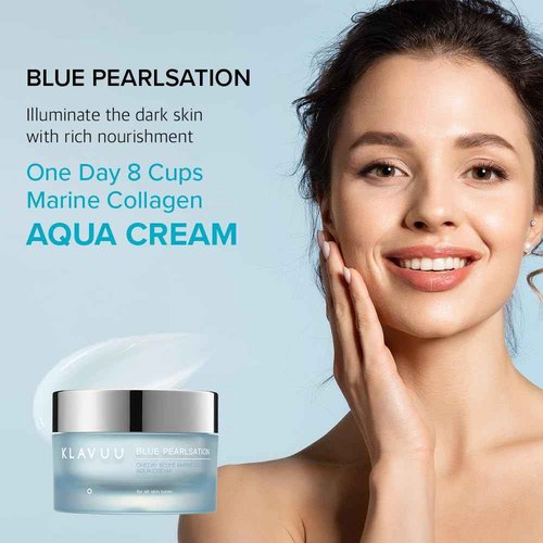 BLUE PEARLSATION ONE DAY 8 CUPS AQUA CREAM–Cooling Effect & Light Weight Texture, Hypoallergenic Soothing & Wrinkle Care Cream with Niacinamide, Marine Collagen Formula Korean Skin Care–1.69 floz