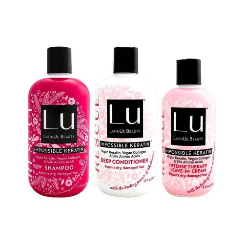 LATINUS BEAUTY RESCUE Collection, Impossible Keratin Anti-Frizz Shampoo (12 oz) + Conditioner (12 oz) + Leave-In Cream (8 oz) for Dry, Damaged Hair