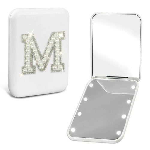 Aganmi Pearl Initial Compact Mirror with Lights Preppy 6 7 8 9 10 11 12 13 Year Old Girl Birthday Gifts Cute Mini LED Pocket Makeup Mirror Teen Girls Trendy Stuff Travel Essentials for Women White M