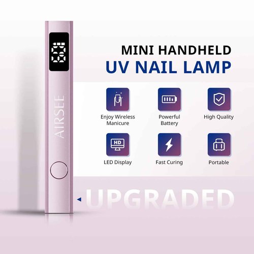 AIRSEE Cordless Mini Nail Lamp,Handheld UV Light with LCD Display for Gel Nails,Rechargeable USB Nail Dryer for Fast Cure,Rhinestone Glue Decoration,Gel Nail Strips at Home,Travel(Pink)