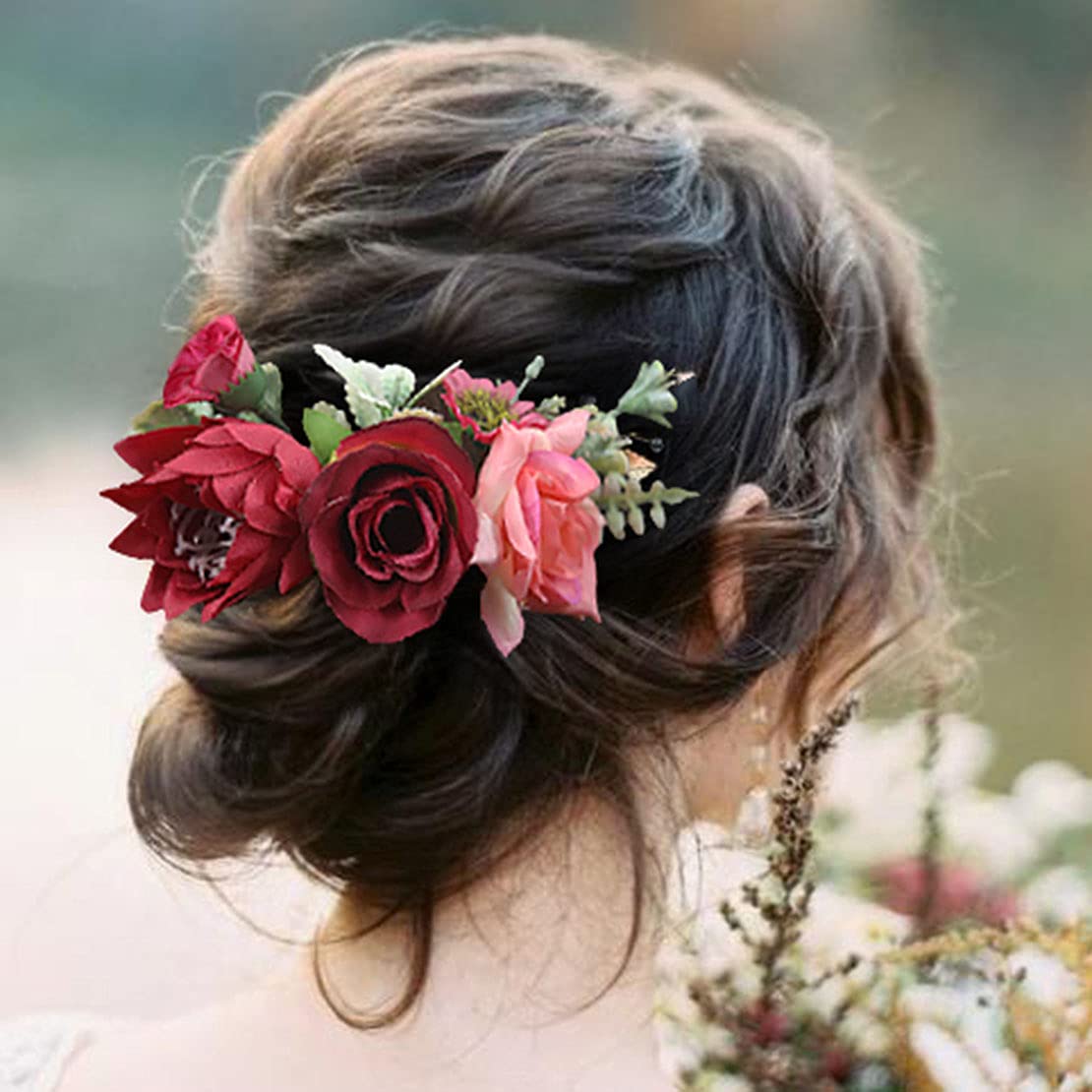 Fangsen Wedding Flower Hair Comb Bridal Flower Hair Clip Floral Hair Accessories for Women and Girls (Red)