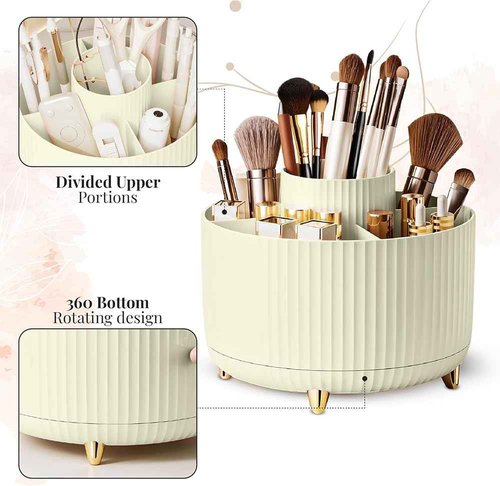 PILOMA Makeup Brush Holder Organizer – 360° Rotating Makeup Brush Organizer - 5 Large Compartment Cosmetic Organizer -Eyeliner, Nail Polish, Art Supply, Bathroom Vanity Desktop Organizer (Cream)