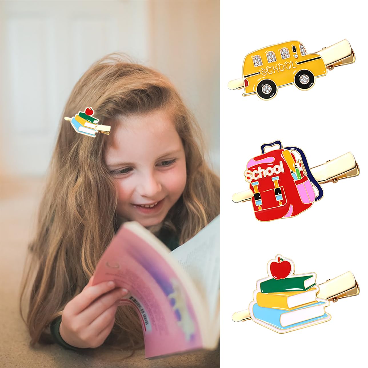 Back to School Hair Clips,Cute Schoolbag Book Hair Clips School Bus Hairpins Back-to-school Gifts Fun Hair Accessories for Teacher Students (3Pairs back to school hair clips)